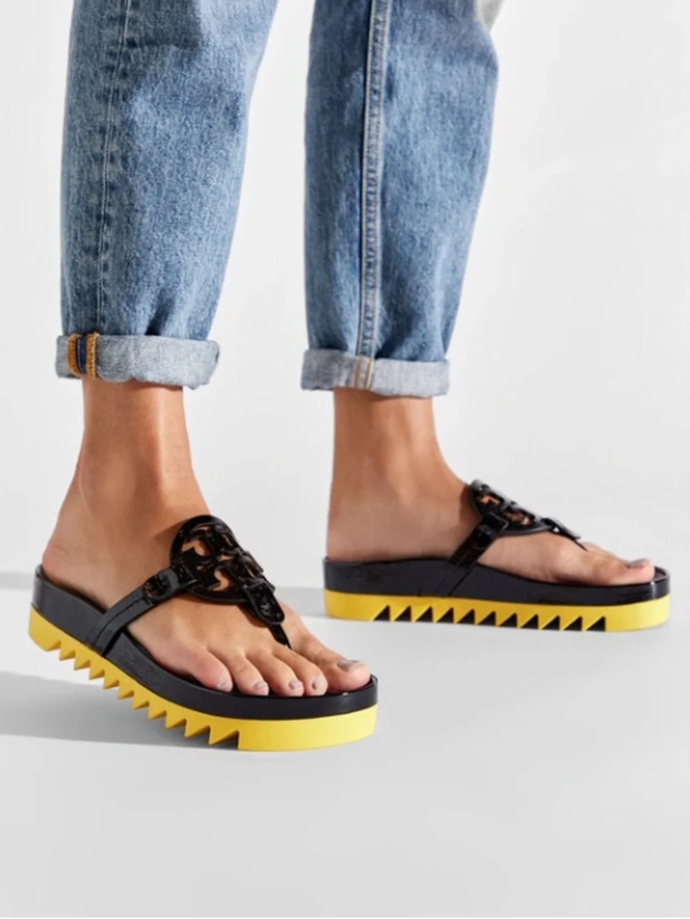 Tory Burch Miller Cloud Lug Sandal Black Patent Leather Logo Cutout platform